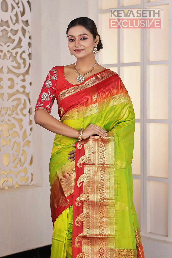 Parrot Green Red Pure Silk Kanjivaram Saree - Keya Seth Exclusive