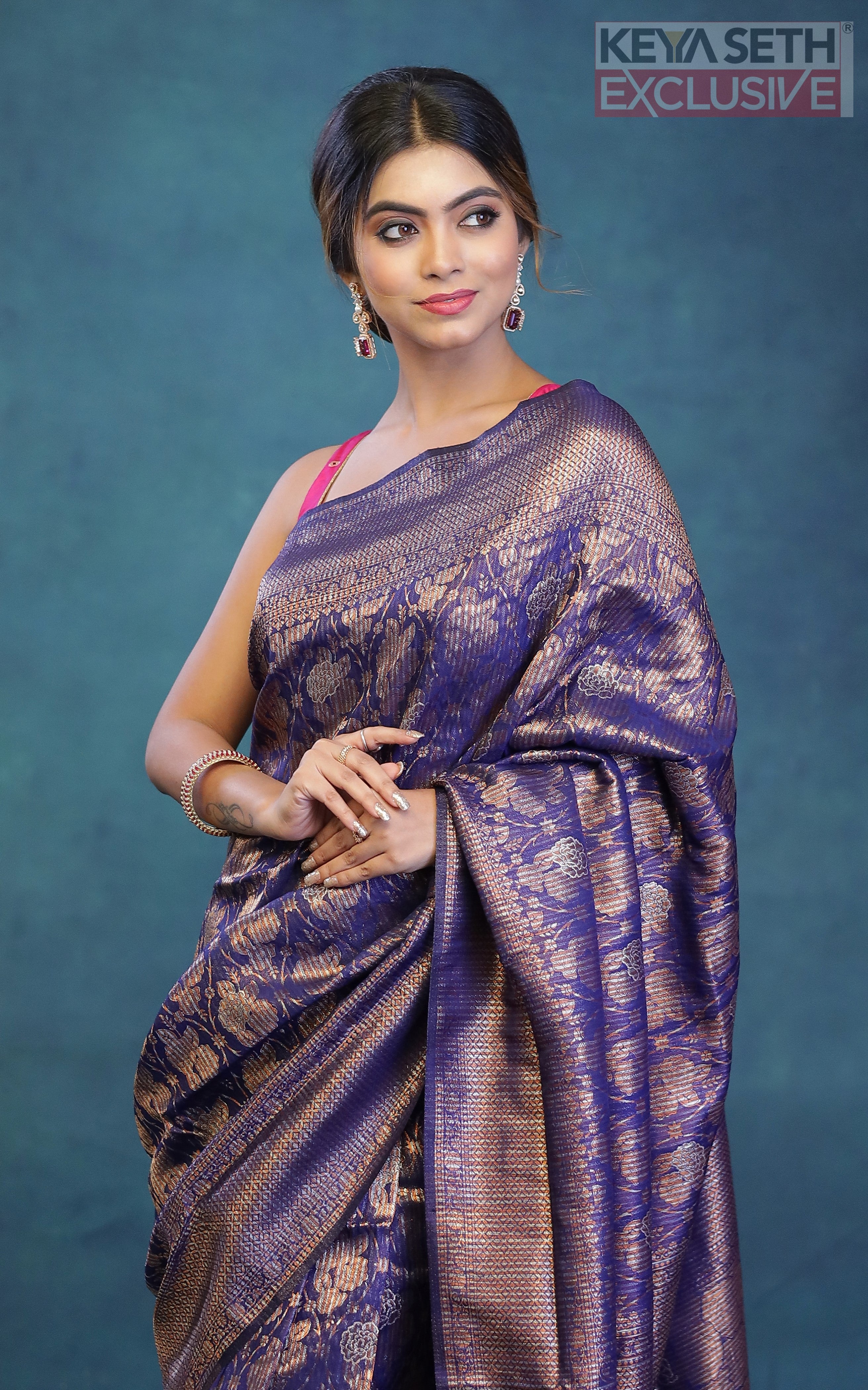 Navy Blue Dola Silk Saree with Golden Zari - Keya Seth Exclusive