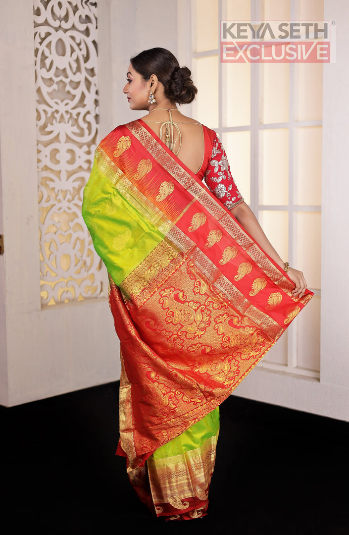 Parrot Green Red Pure Silk Kanjivaram Saree - Keya Seth Exclusive