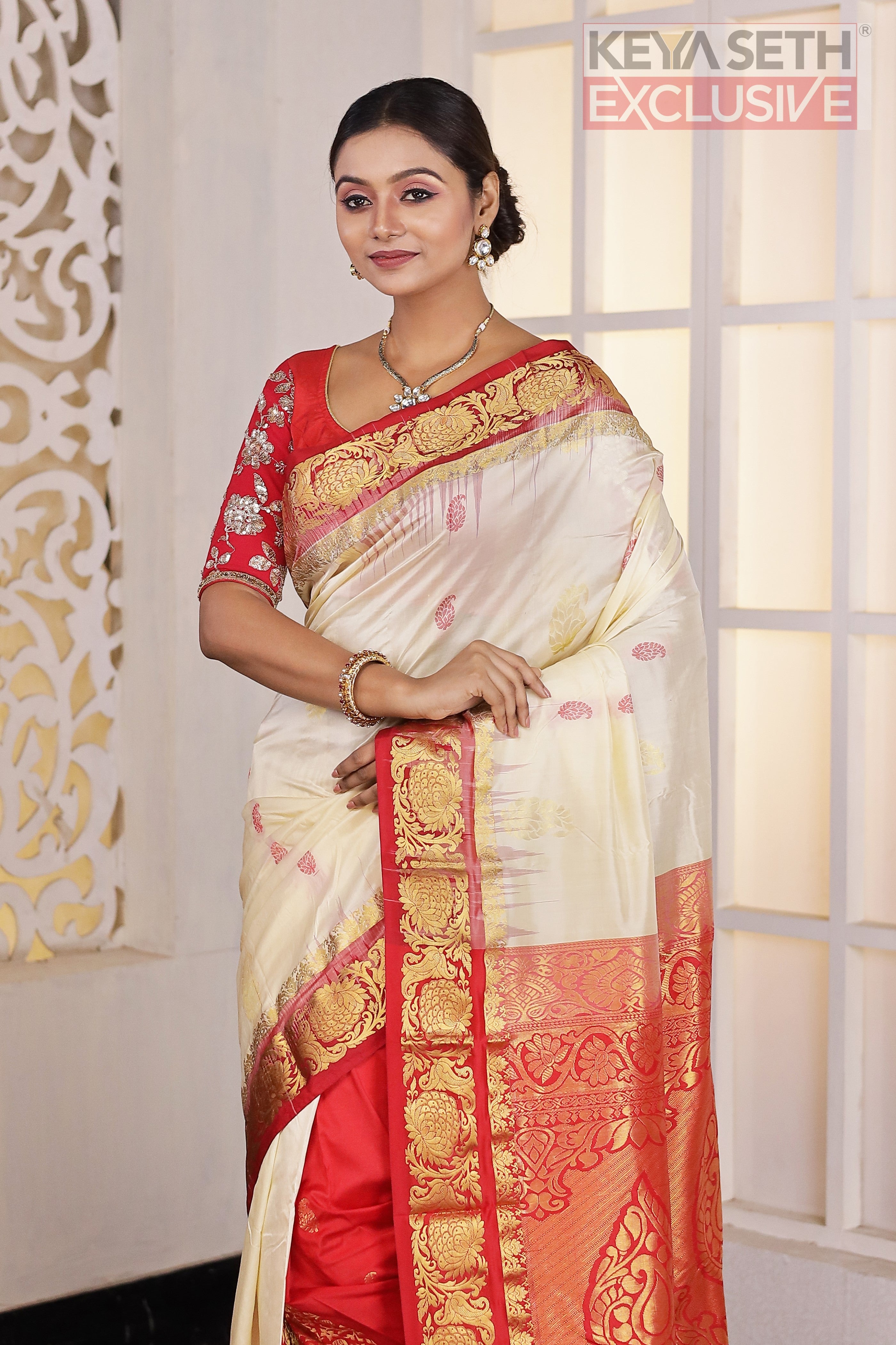 Off-white Red Pure Silk Kanjivaram Saree - Keya Seth Exclusive