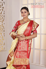 Load image into Gallery viewer, Cream Red Pure Silk Kanjivaram Saree - Keya Seth Exclusive