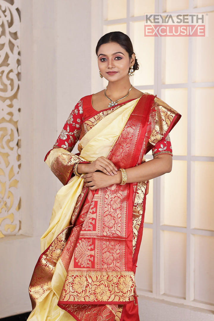 Cream Red Pure Silk Kanjivaram Saree - Keya Seth Exclusive