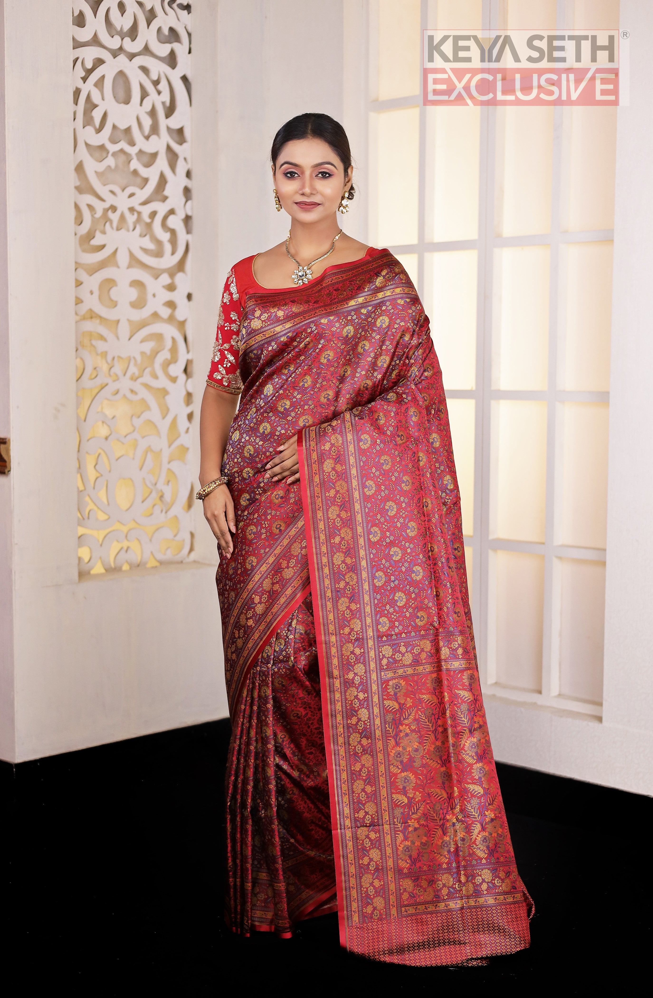 Red Pashmina Silk Saree - Keya Seth Exclusive