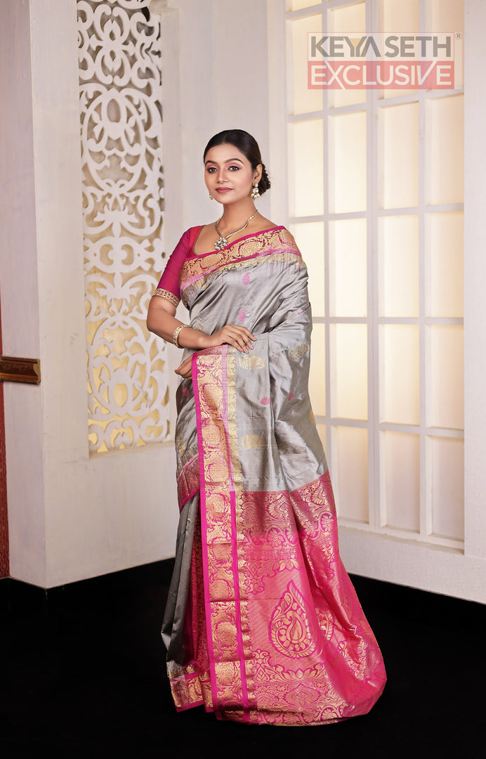 Grey Pink Pure Silk Kanjivaram Saree - Keya Seth Exclusive
