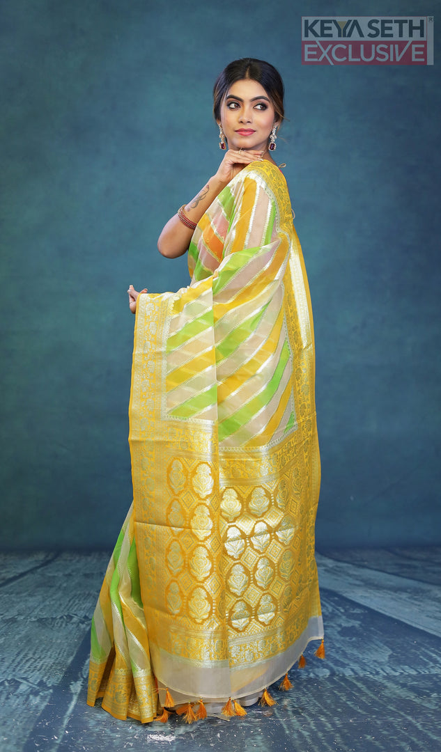 Colorful Yellow Green Organza Rangkat Saree - Keya Seth Exclusive