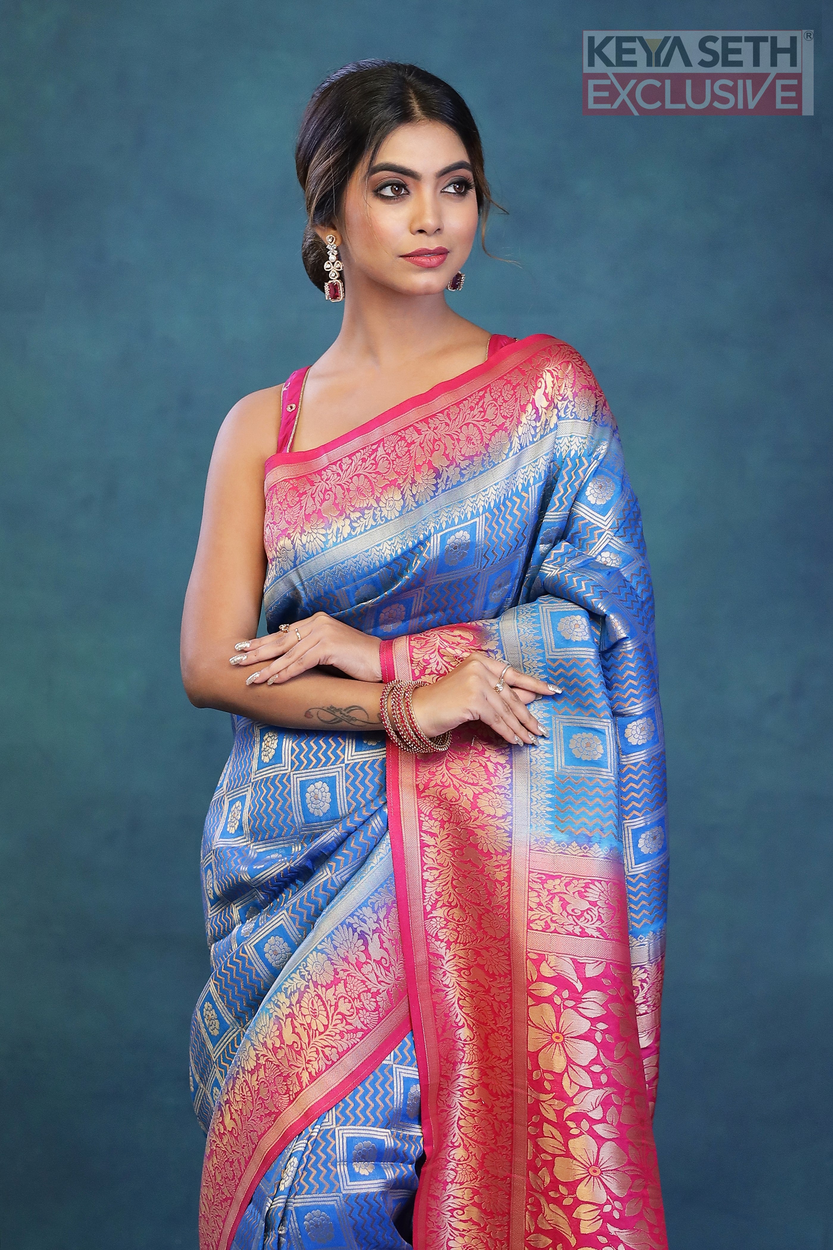 Blue Dupion Silk Saree with Pink Border - Keya Seth Exclusive