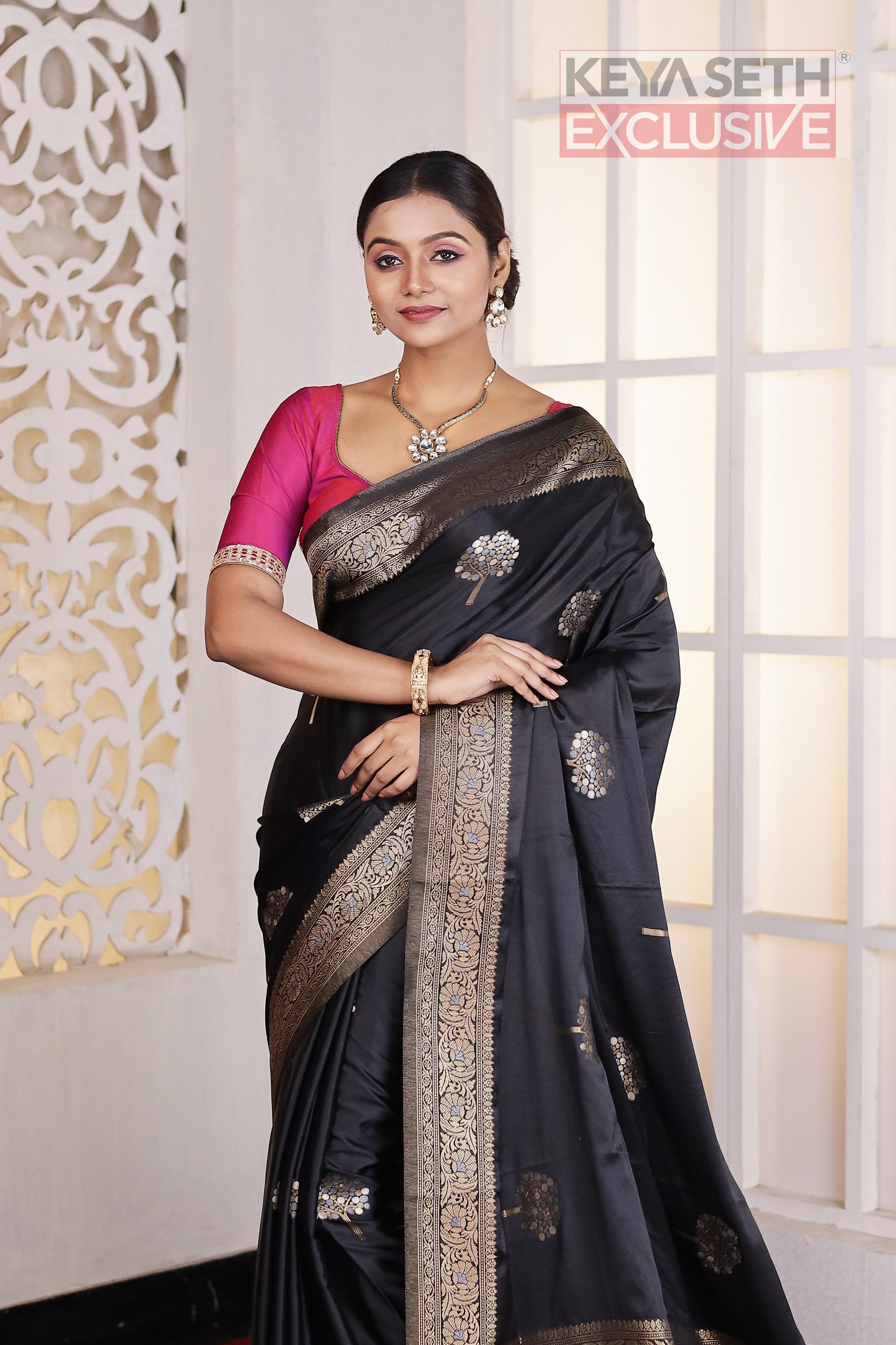 Black Satin Silk Saree - Keya Seth Exclusive