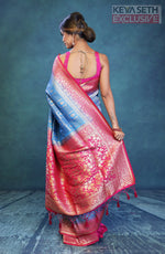 Load image into Gallery viewer, Blue Dupion Silk Saree with Pink Border - Keya Seth Exclusive