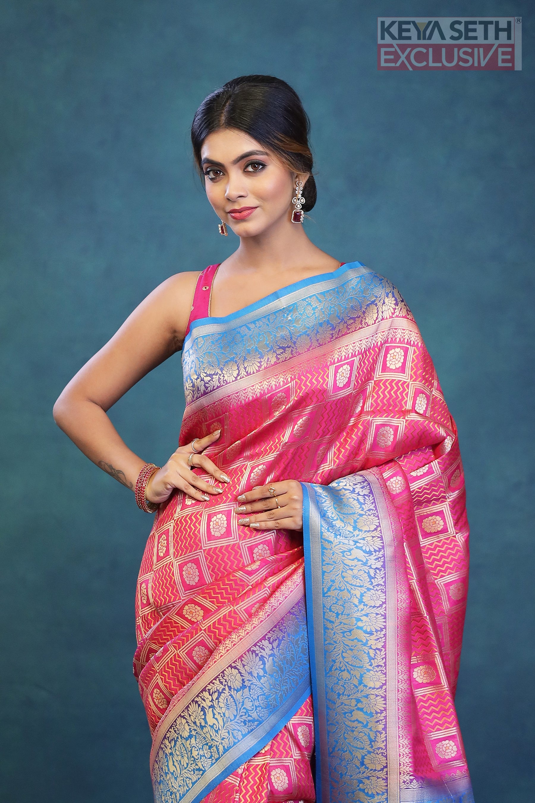 Pink Dupion Silk Saree with Blue Border - Keya Seth Exclusive