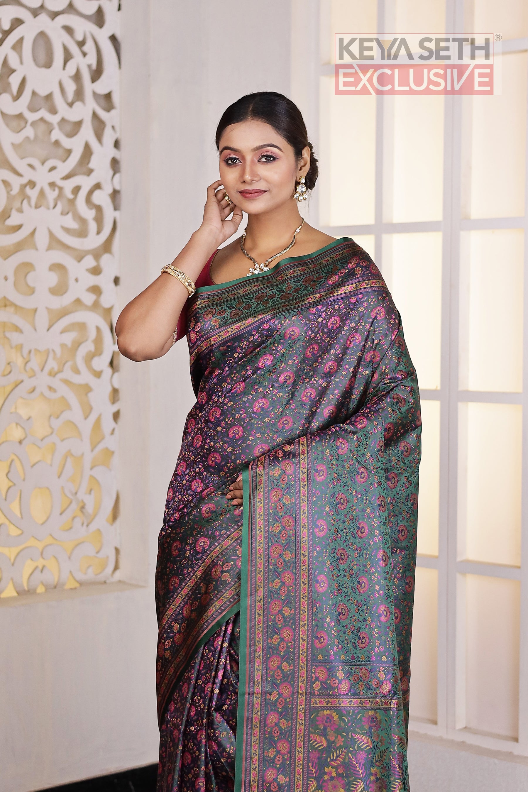 Deep Green Pashmina Silk Saree - Keya Seth Exclusive