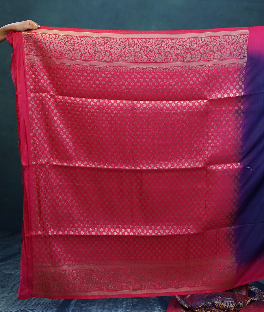 Navy Blue Dupion Silk Saree with Pink Border - Keya Seth Exclusive