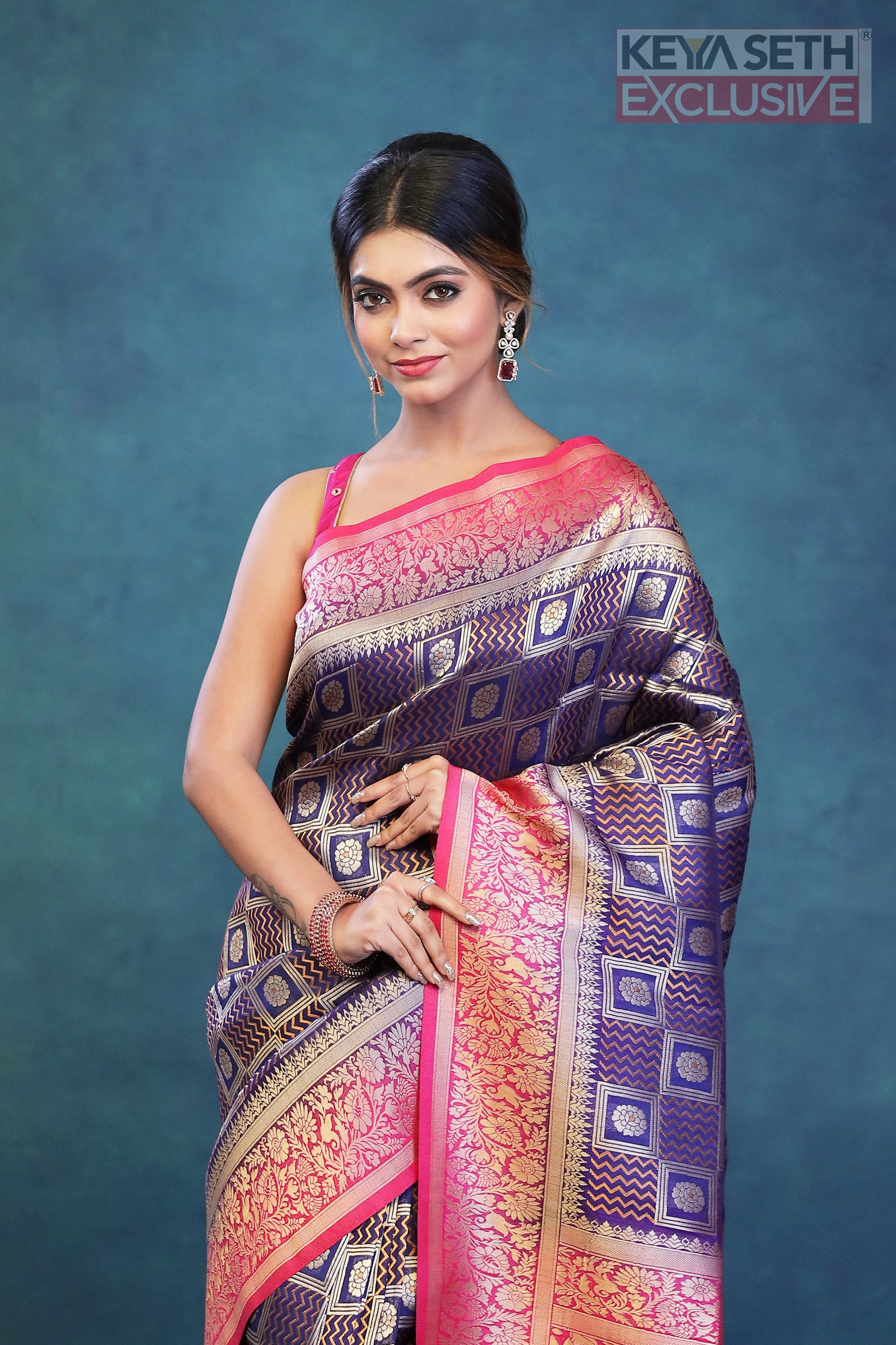 Navy Blue Dupion Silk Saree with Pink Border - Keya Seth Exclusive