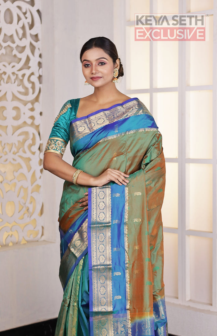 Mehendi Green Double Tone Pure Silk Kanjivaram Saree - Keya Seth Exclusive