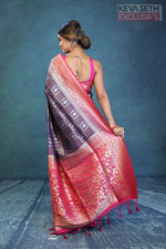 Load image into Gallery viewer, Navy Blue Dupion Silk Saree with Pink Border - Keya Seth Exclusive