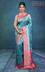 Load image into Gallery viewer, Deep Green Dupion Silk Saree with Pink Border - Keya Seth Exclusive