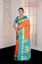 Load image into Gallery viewer, Orange Checkered Pure Silk Kanjivaram Saree - Keya Seth Exclusive