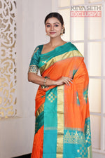 Load image into Gallery viewer, Orange Checkered Pure Silk Kanjivaram Saree - Keya Seth Exclusive
