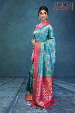 Load image into Gallery viewer, Deep Green Dupion Silk Saree with Pink Border - Keya Seth Exclusive