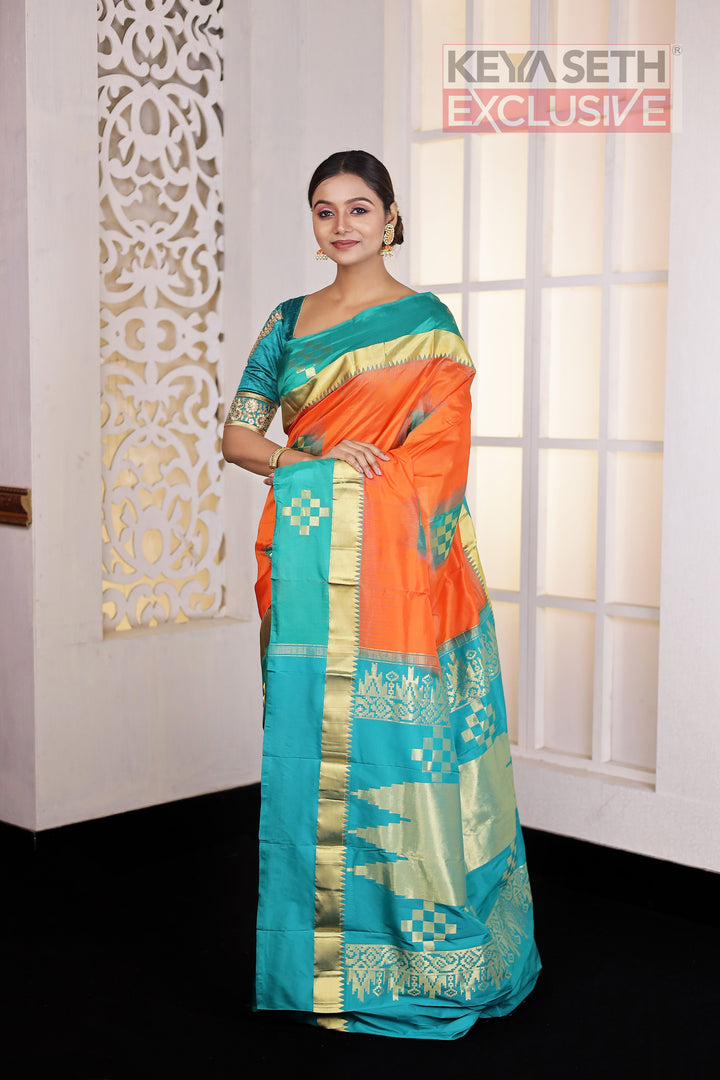 Orange Checkered Pure Silk Kanjivaram Saree - Keya Seth Exclusive