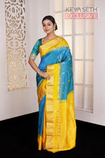 Load image into Gallery viewer, Peacock Blue Yellow Pure Silk Kanjivaram Saree - Keya Seth Exclusive