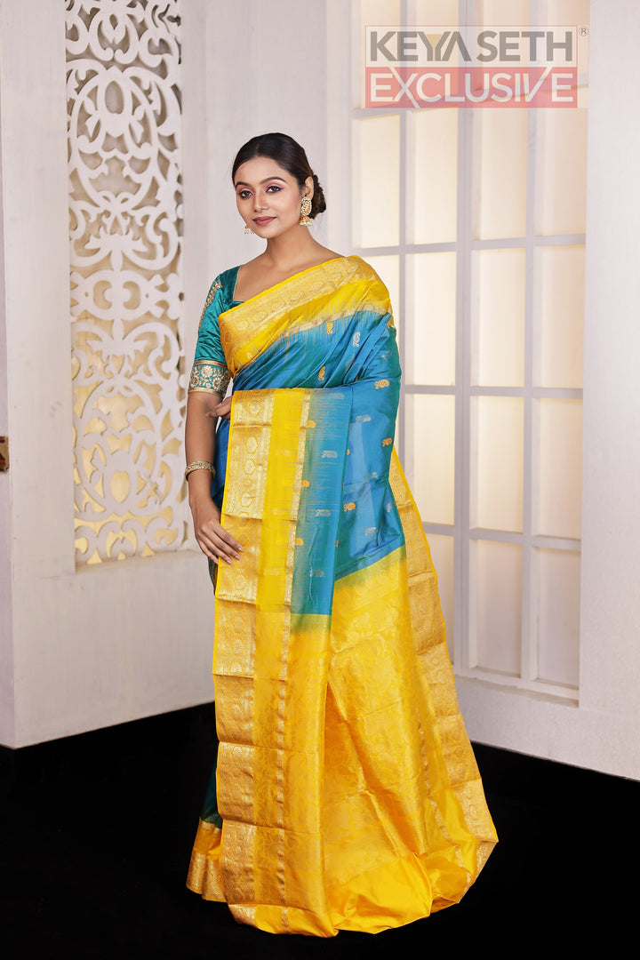 Peacock Blue Yellow Pure Silk Kanjivaram Saree - Keya Seth Exclusive
