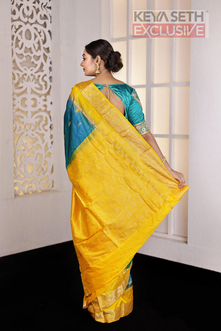Peacock Blue Yellow Pure Silk Kanjivaram Saree - Keya Seth Exclusive