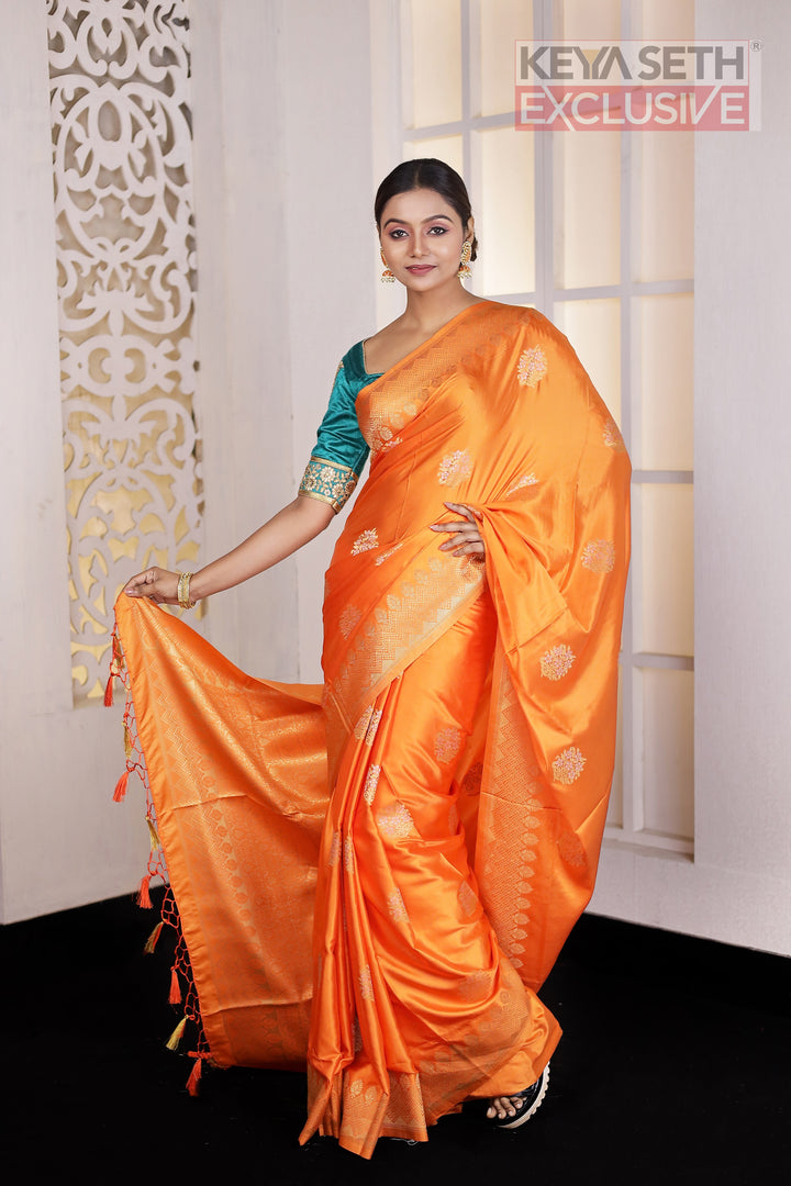 Orange Satin Silk Saree - Keya Seth Exclusive