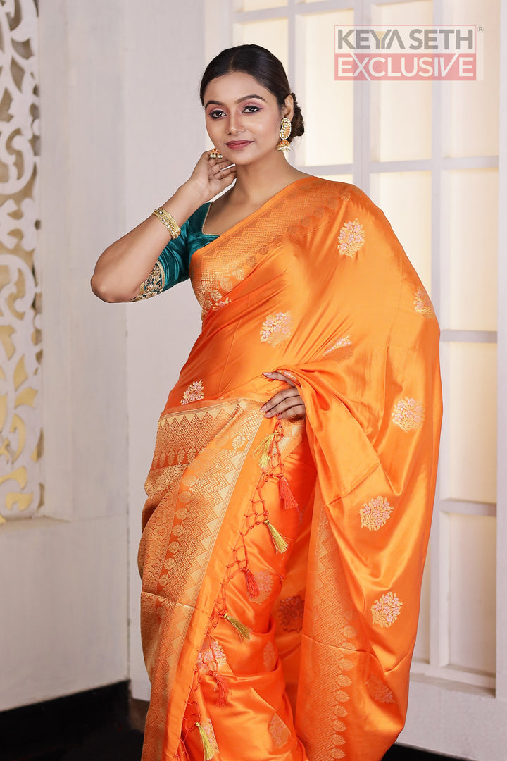Orange Satin Silk Saree - Keya Seth Exclusive