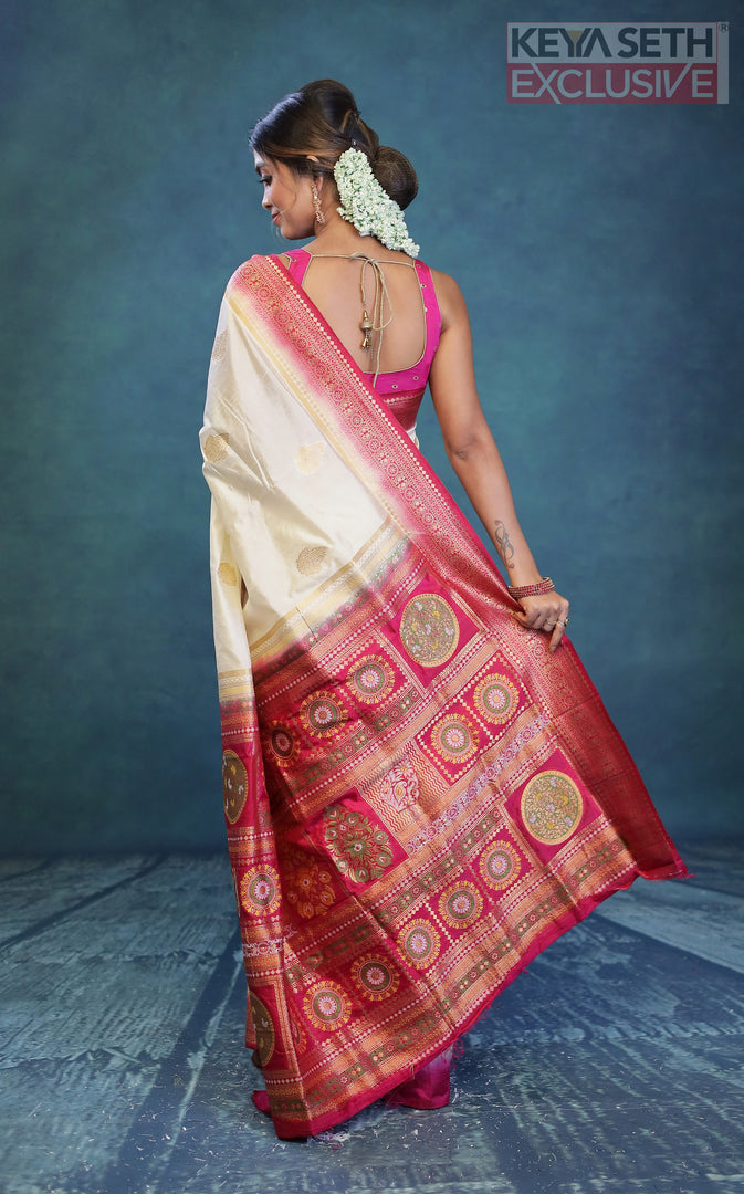 Off-white and Pink Dola Silk Saree - Keya Seth Exclusive
