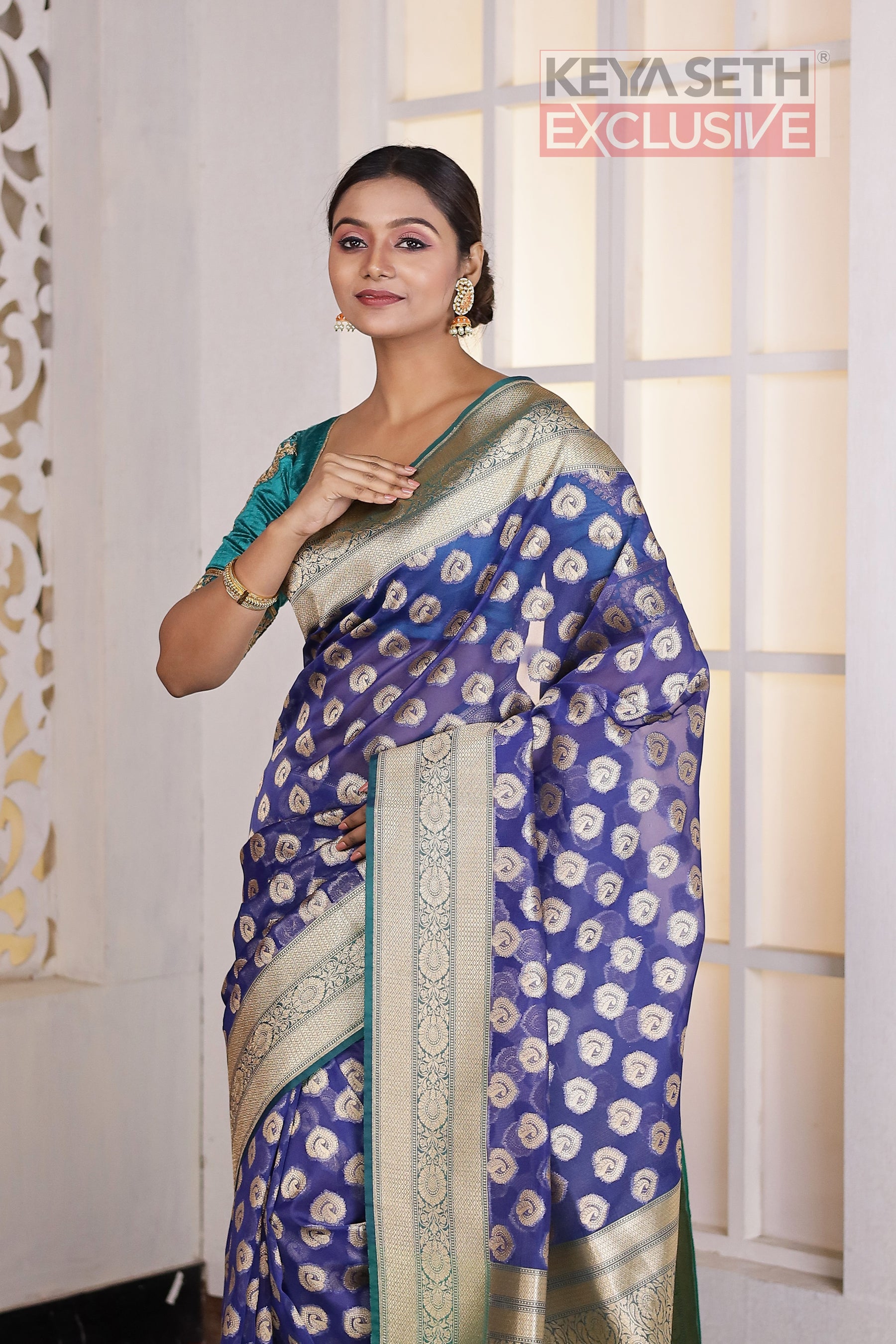 Navy Blue Soft Tissue Saree - Keya Seth Exclusive