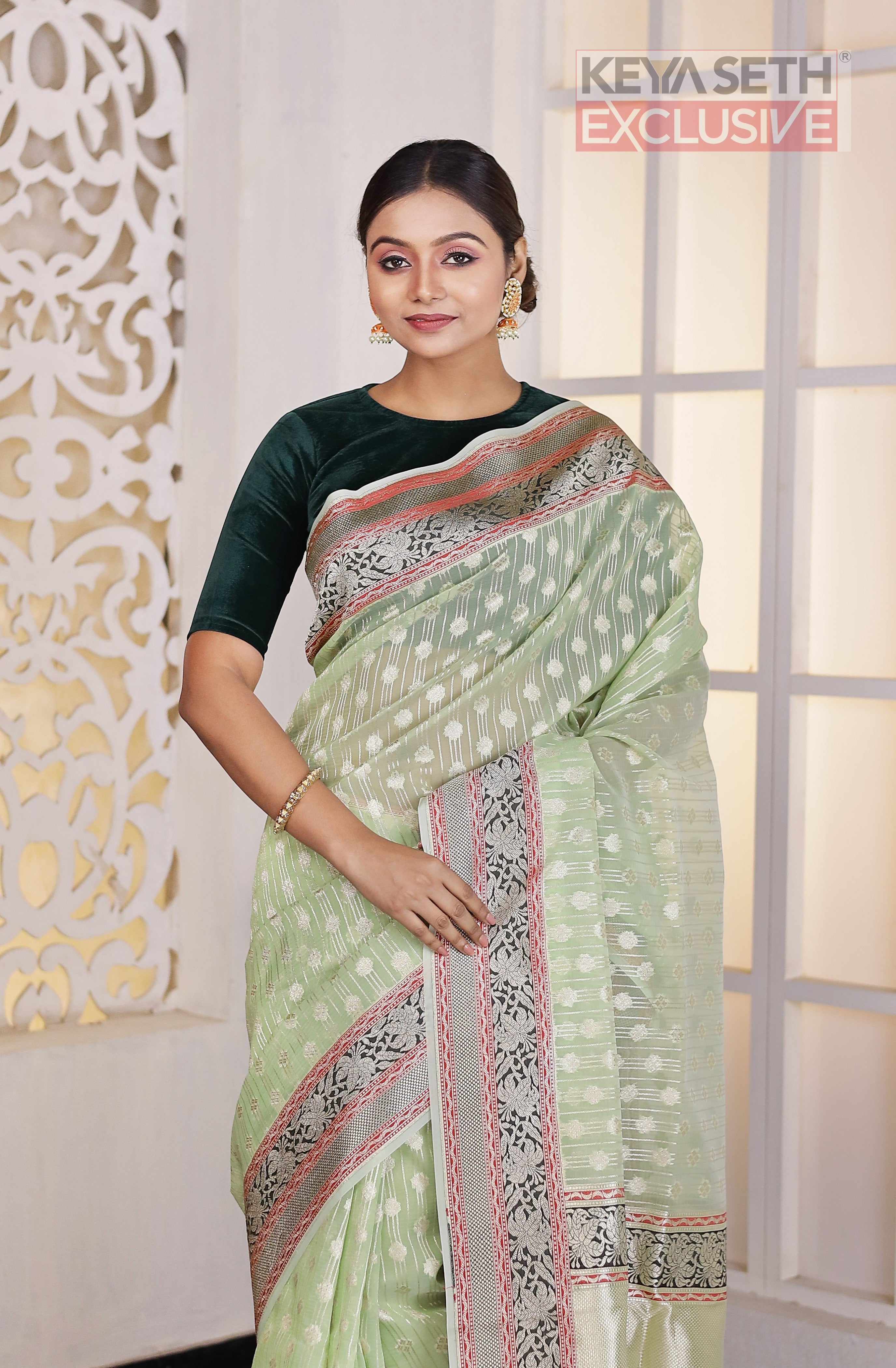 Light Green Soft Tissue Saree - Keya Seth Exclusive