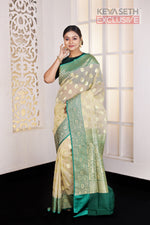 Load image into Gallery viewer, Off-white Soft Tissue Saree with Green Satin border - Keya Seth Exclusive
