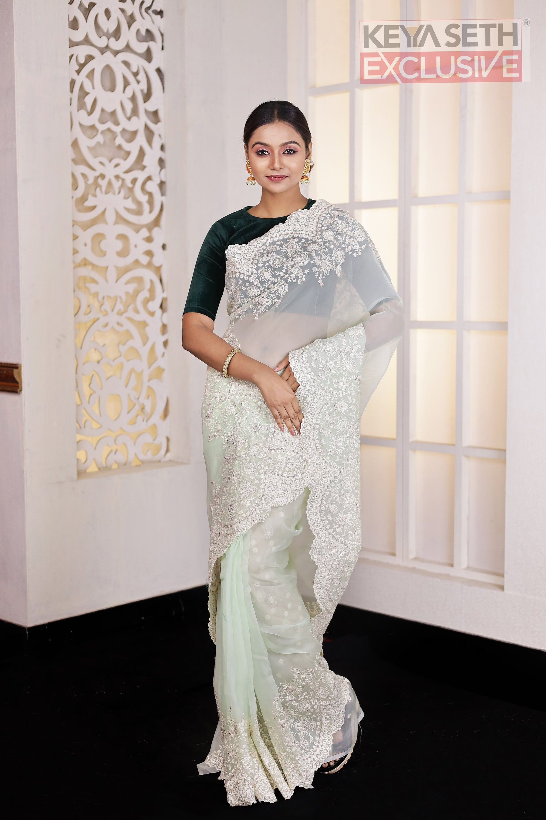 Pastel Green Fancy Organza Saree - Keya Seth Exclusive