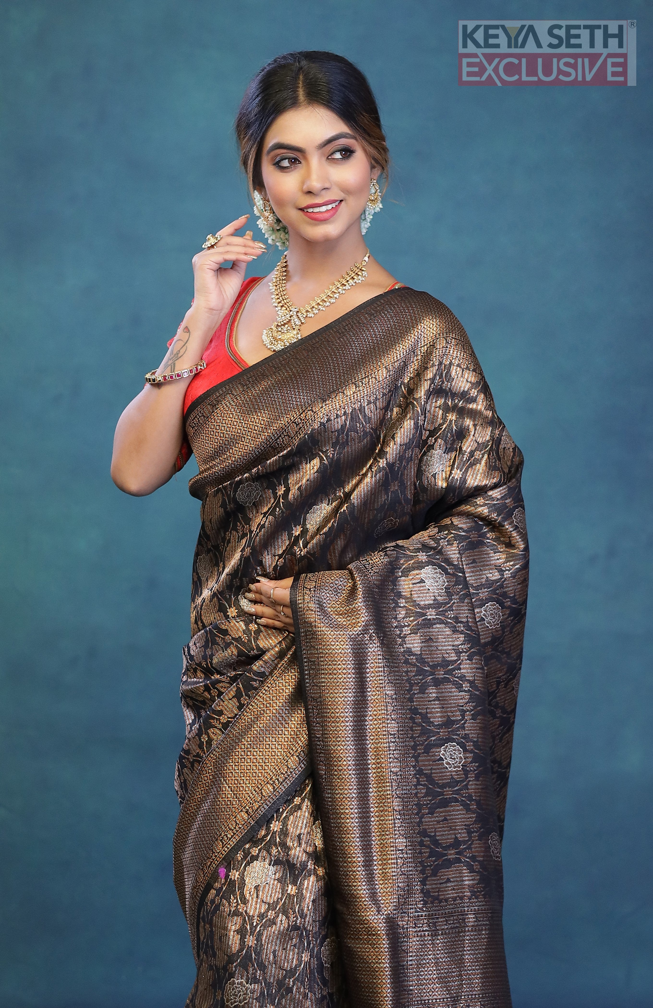 Black Dola Silk Saree with Golden Zari - Keya Seth Exclusive