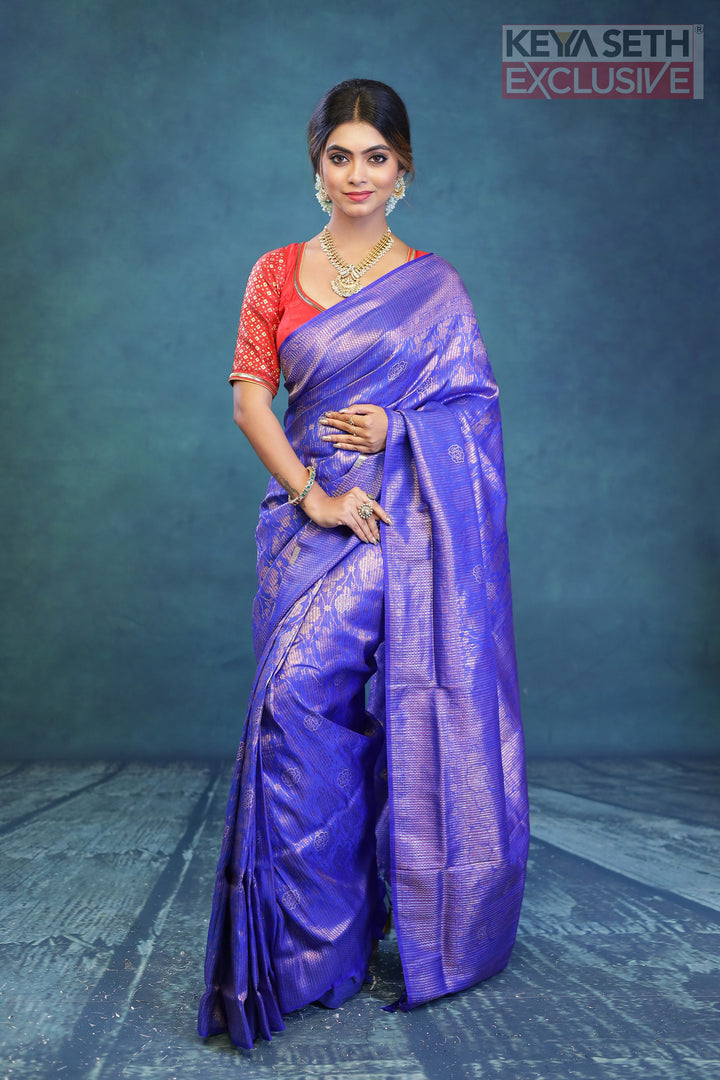 Royal Blue Dola Silk Saree with Golden Zari - Keya Seth Exclusive