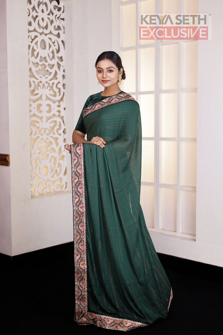 Green Chiniya Silk Saree - Keya Seth Exclusive