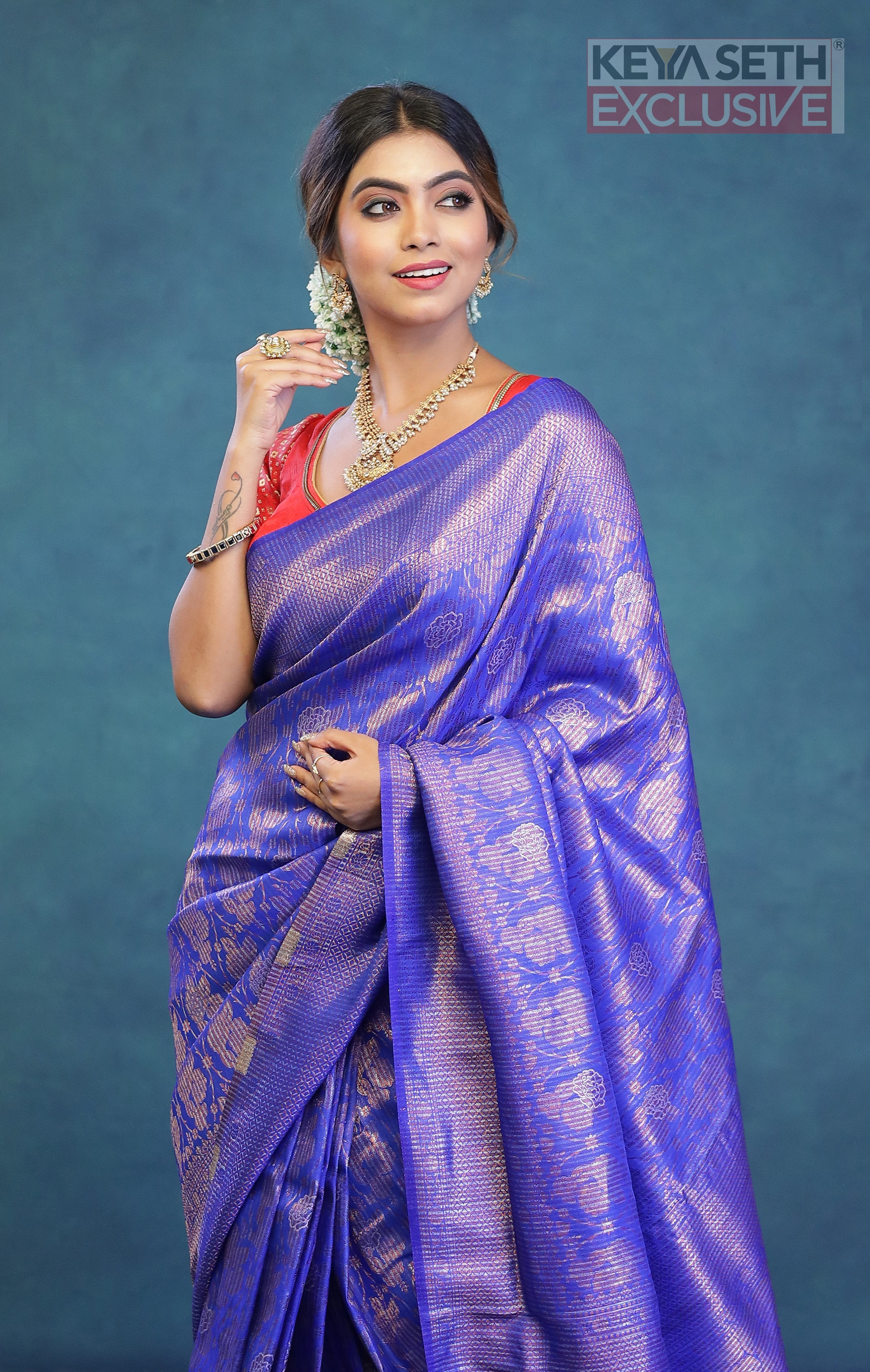 Royal Blue Dola Silk Saree with Golden Zari - Keya Seth Exclusive