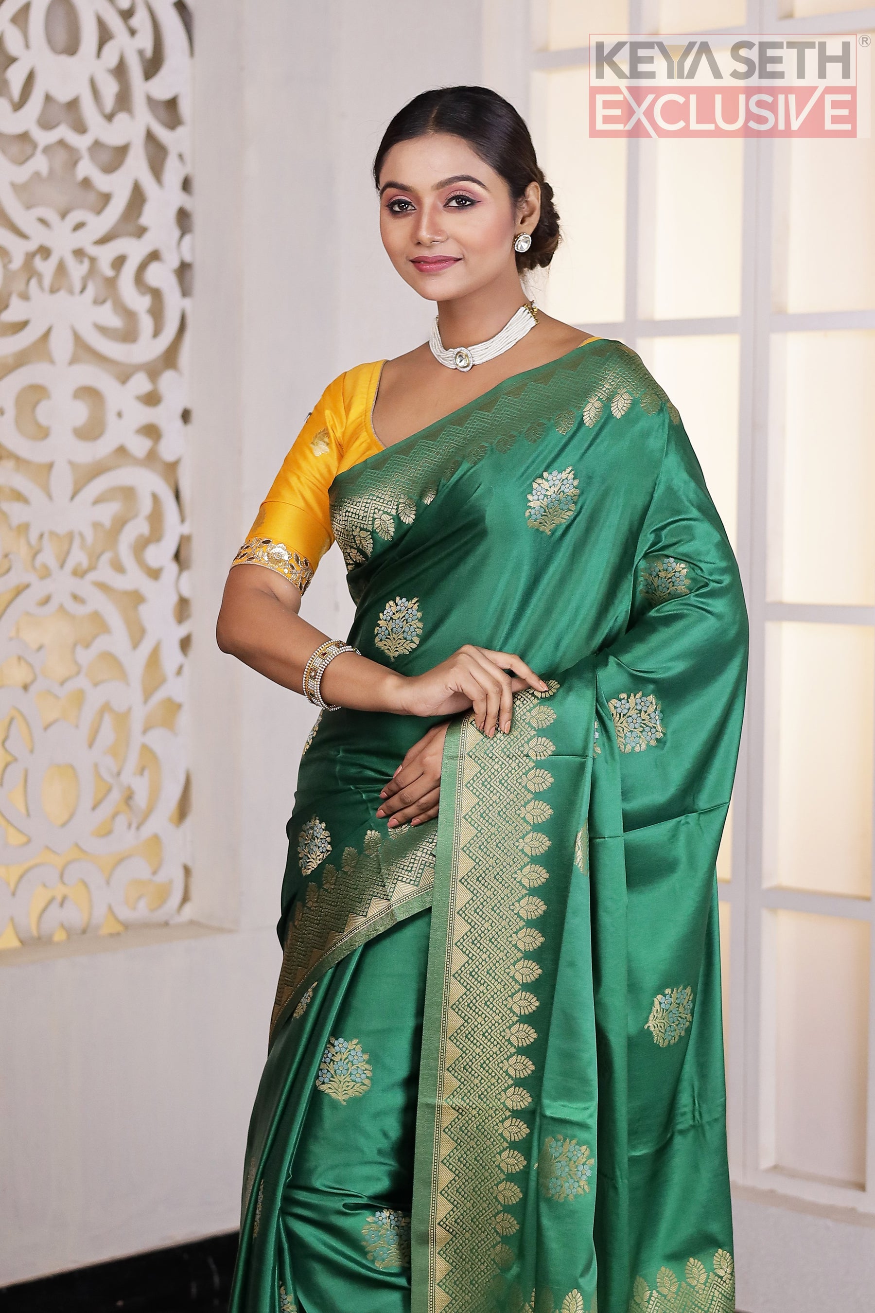 Bottle Green Satin Silk Saree - Keya Seth Exclusive