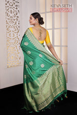 Load image into Gallery viewer, Bottle Green Satin Silk Saree - Keya Seth Exclusive