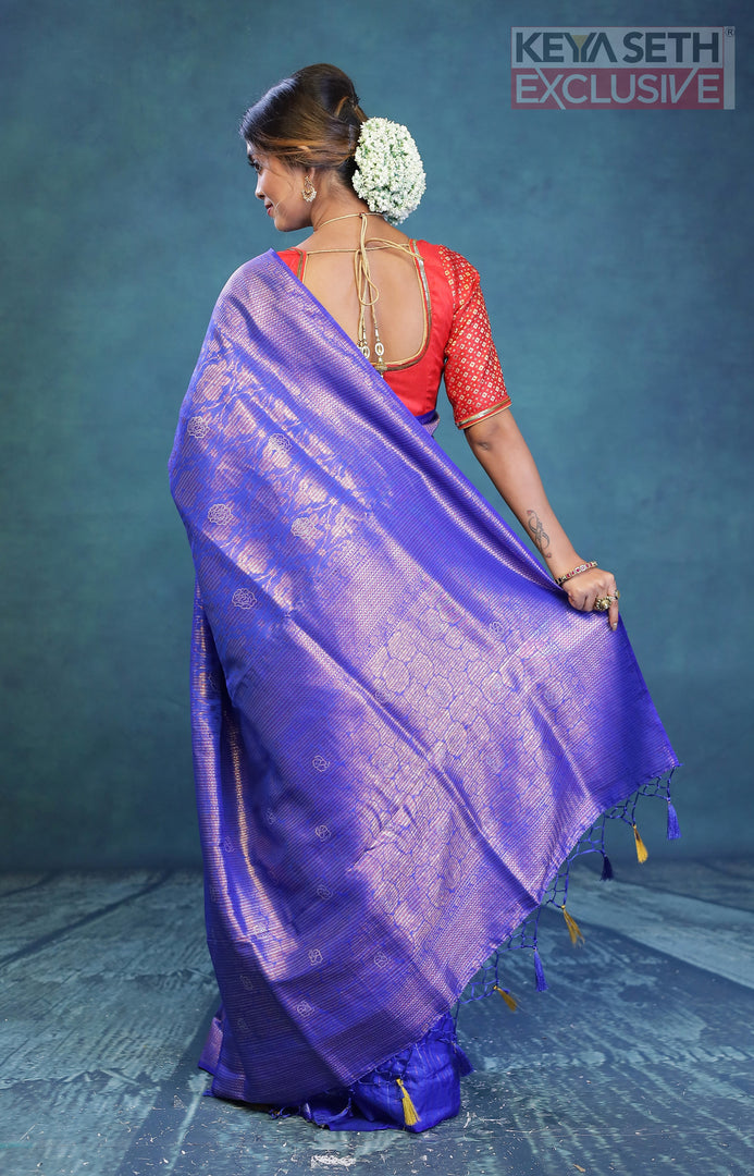 Royal Blue Dola Silk Saree with Golden Zari - Keya Seth Exclusive