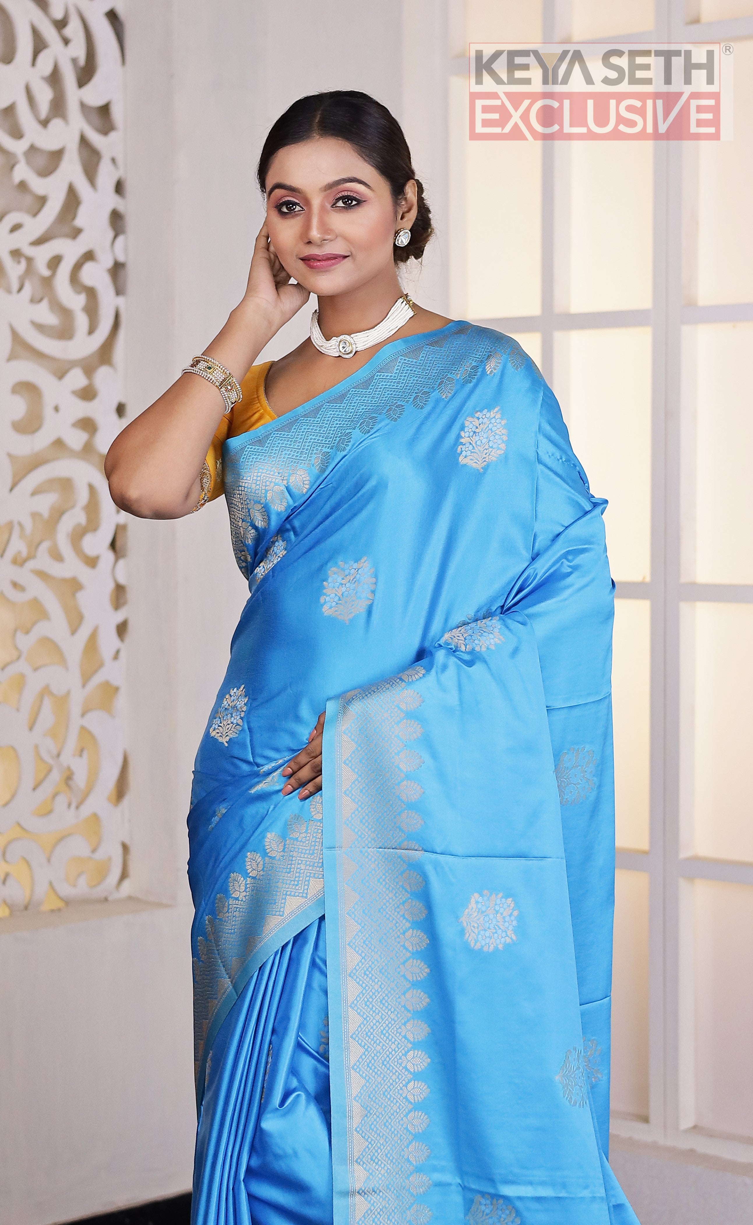 Blue Satin Silk Saree - Keya Seth Exclusive