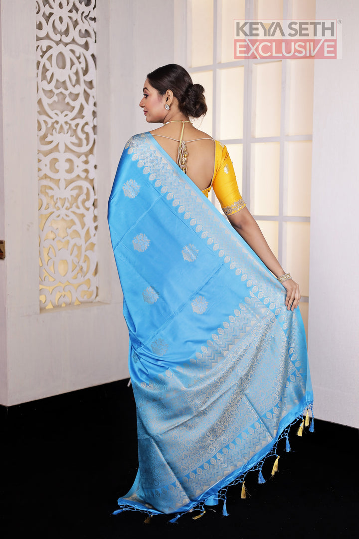 Blue Satin Silk Saree - Keya Seth Exclusive
