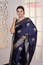 Load image into Gallery viewer, Navy Blue Satin Silk Saree - Keya Seth Exclusive