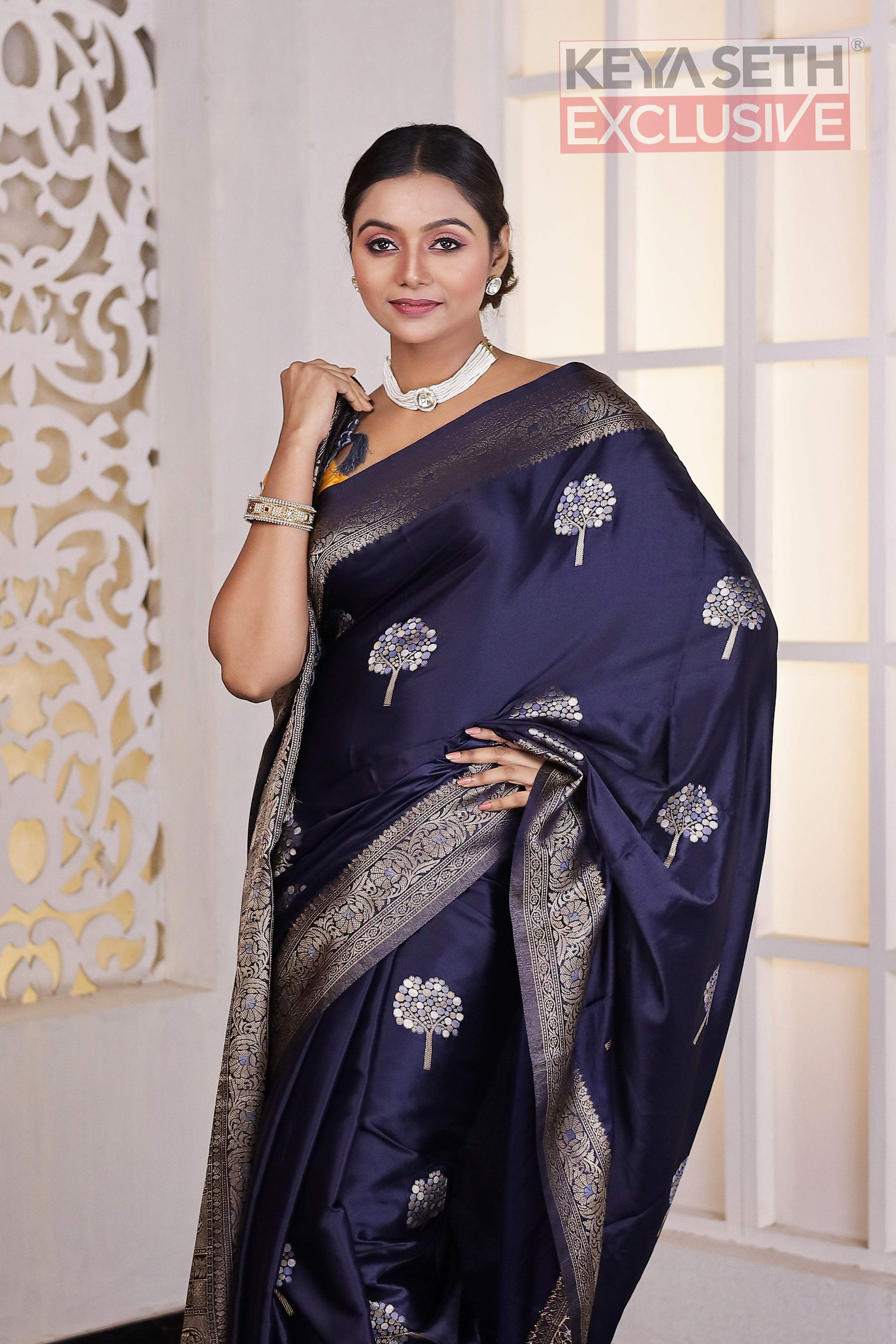 Navy Blue Satin Silk Saree - Keya Seth Exclusive