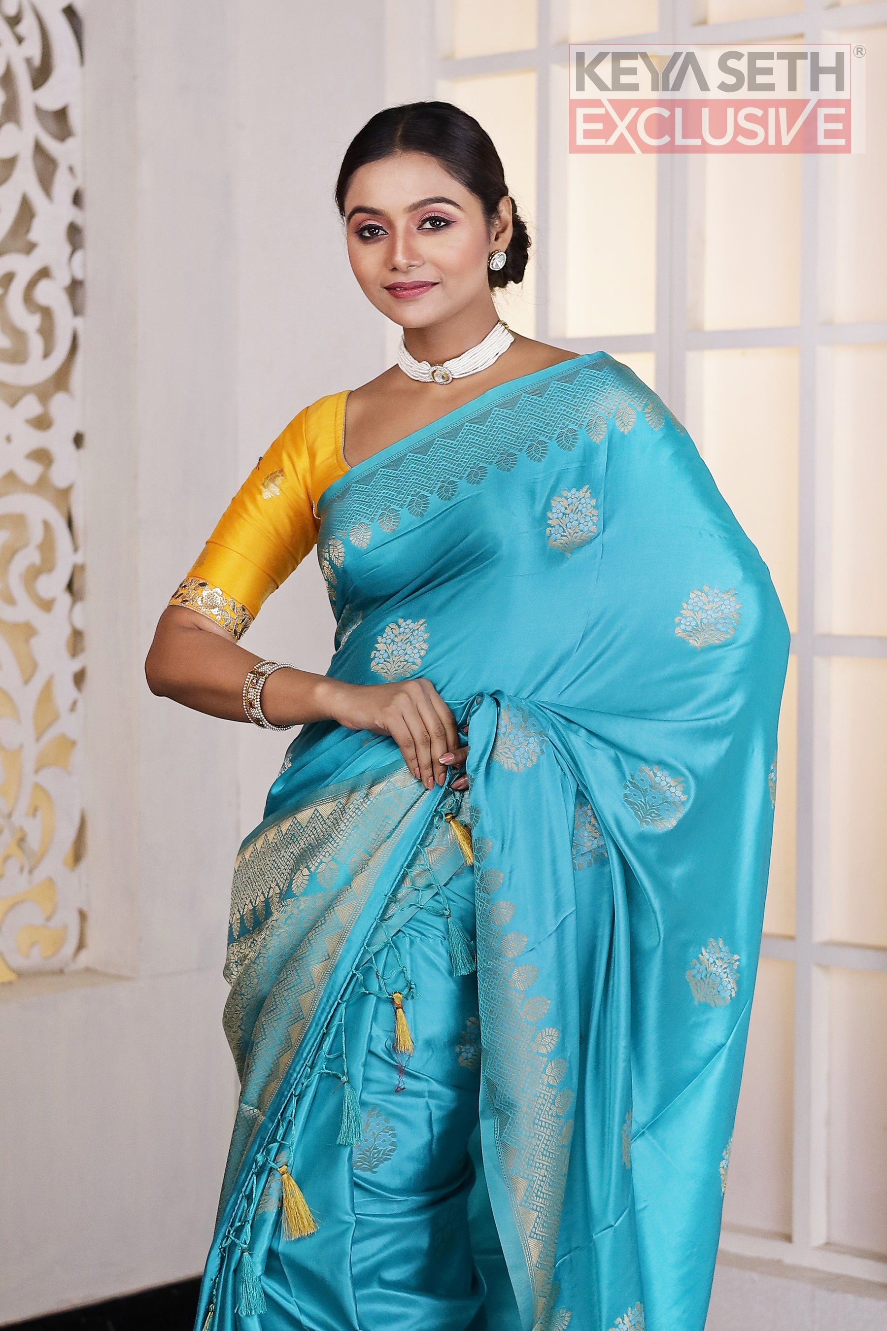 Sky Blue Satin Silk Saree - Keya Seth Exclusive