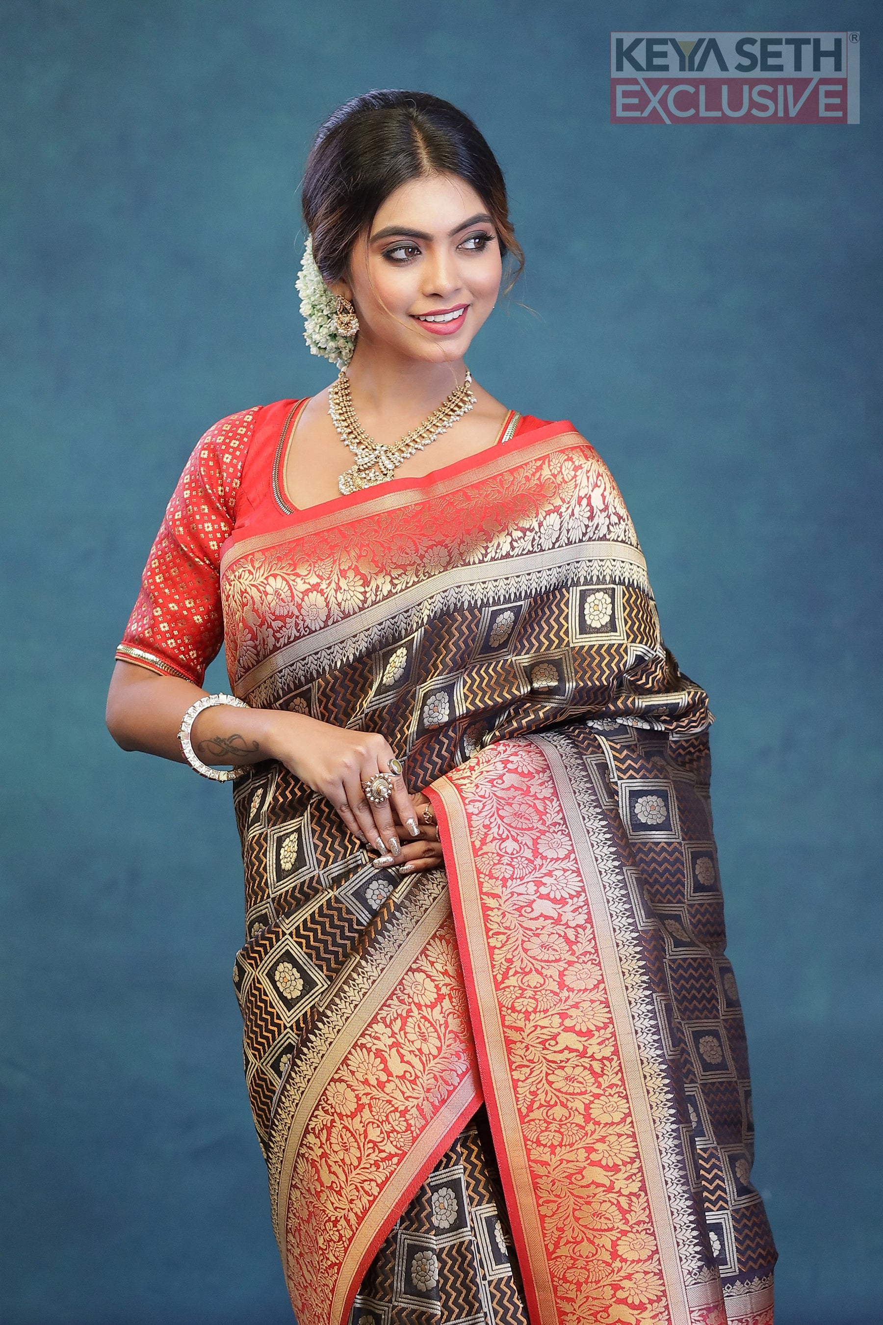 Black Dupion Silk Saree with Red Border - Keya Seth Exclusive