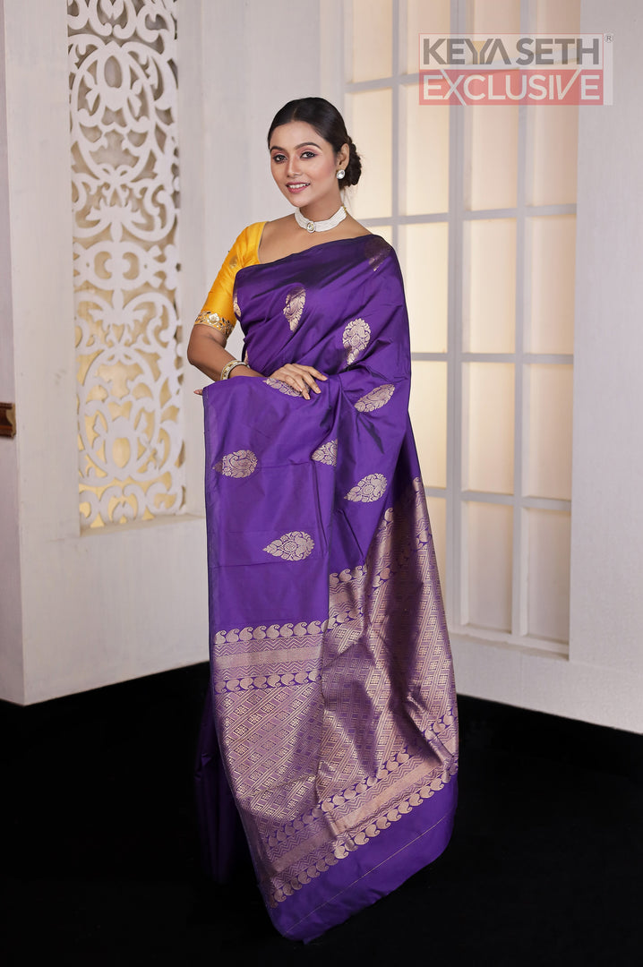 Purple Borderless Kanjivaram Silk Saree - Keya Seth Exclusive