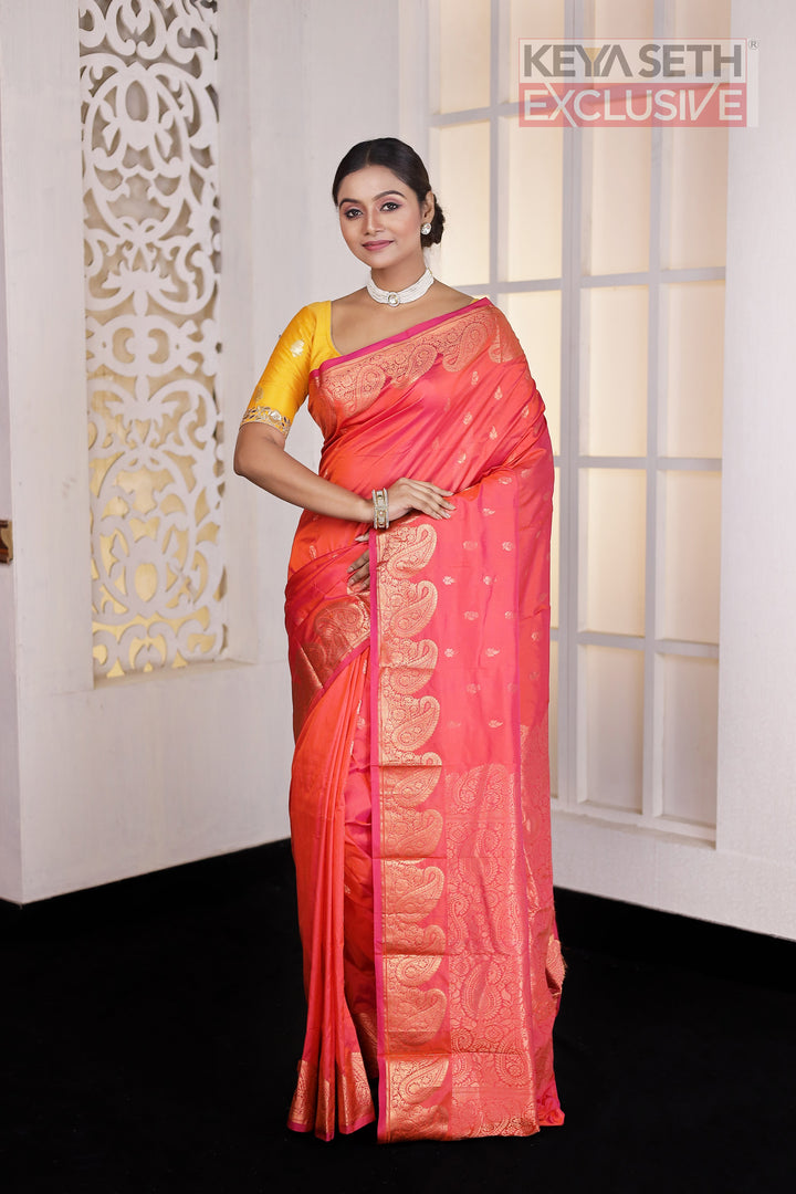Coral Pink Pure Silk Kanjivaram Saree - Keya Seth Exclusive