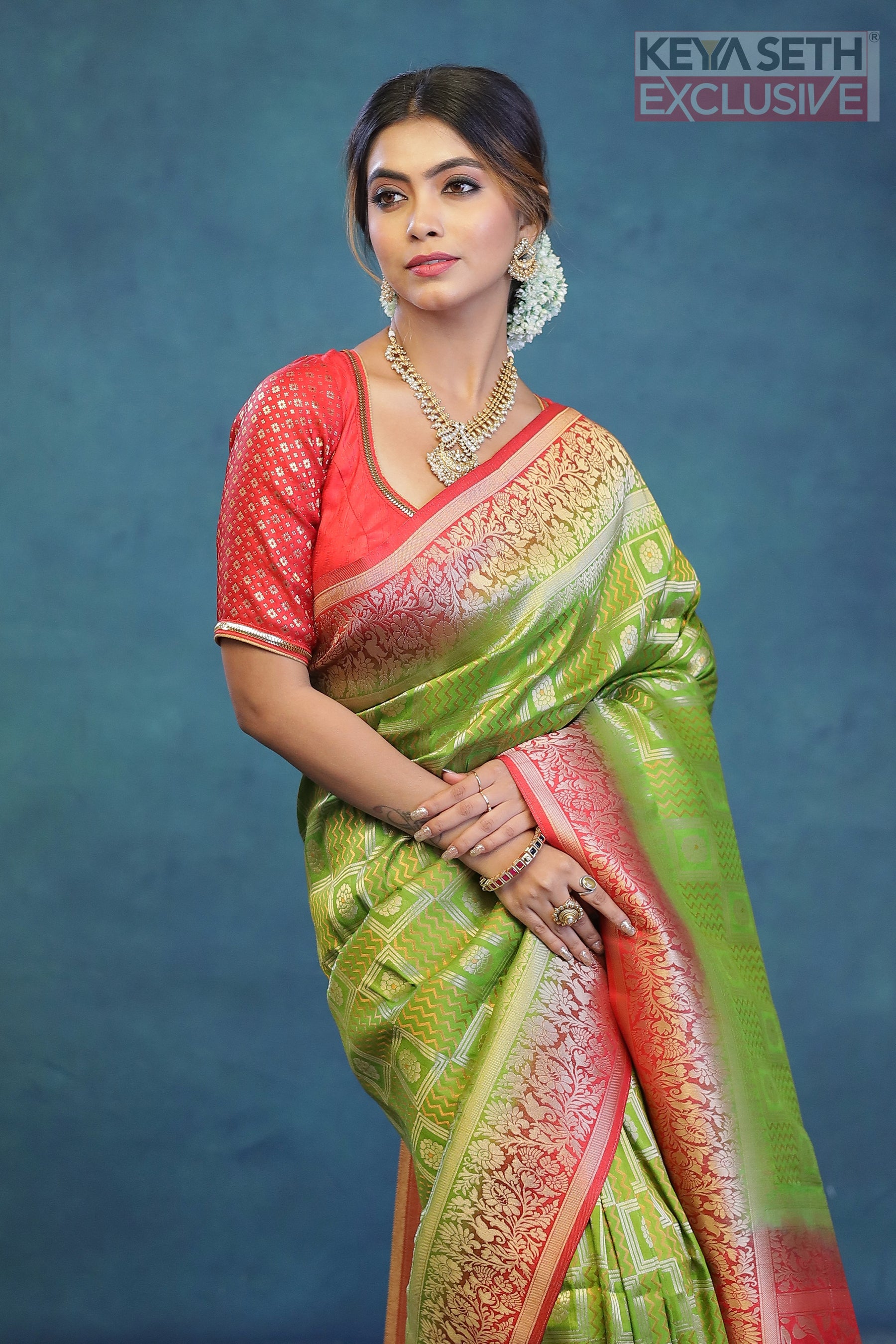 Light Green Dupion Silk Saree with Red Border - Keya Seth Exclusive