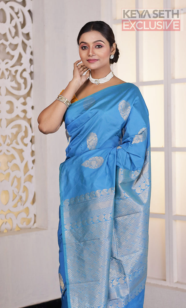 Blue Borderless Kanjivaram Silk Saree - Keya Seth Exclusive